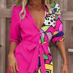 Hot Pink & Colorblock Shirt Dress - So Sexy Med/Large Top1